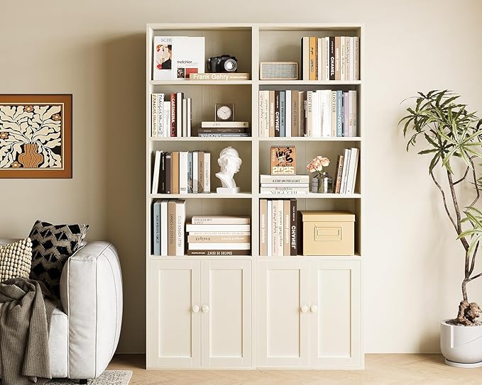 Casaottima Bookshelf and Bookcase with Doors, Floor Standing 6-Tier Shelf Display Storage Shelves, Tall Bookcases for Home Office, Living Room, White
