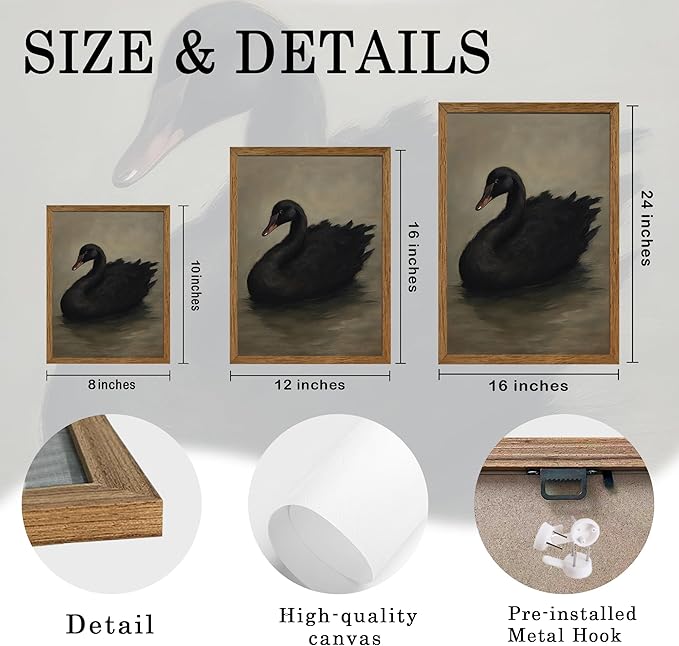 AVECCO Framed Vintage Gothic Black Swan Canvas Wall Art, Rustic Farmhouse Wall Decor, Unique Animal Art Prints for Kid's Room Bathroom Bedroom Living Room Office Home Decoration Ready to Hang 12x16 In
