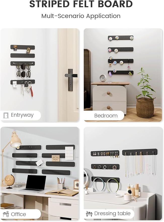 Fluxynara Cork Board Alternative Felt Strip Board 8-Pack 13"x2", Office Pin Board with 50 Push Pins, Adhesive Install for Bedroom Door & Home Office(Black)