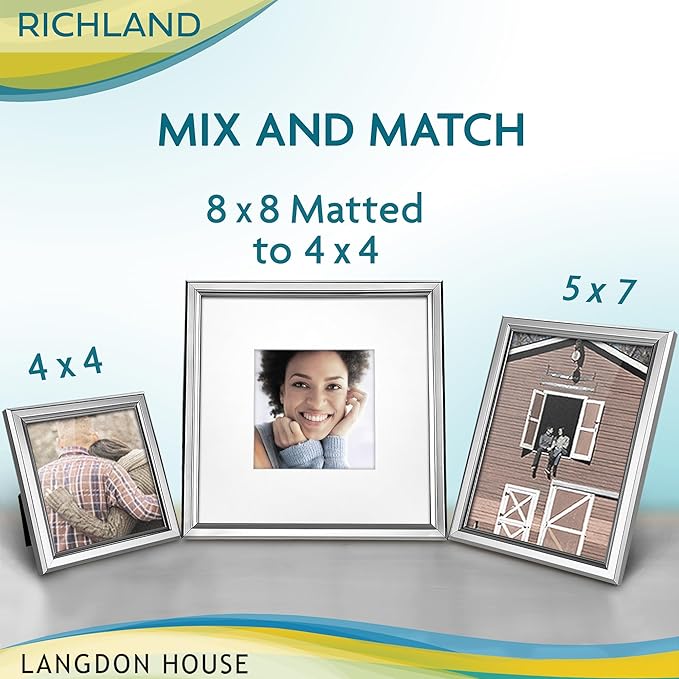 Langdon House - 8x8 Silver Picture Frame with Mat to 4x4 - Distinguished Edging for Classic Style - Richland Collection