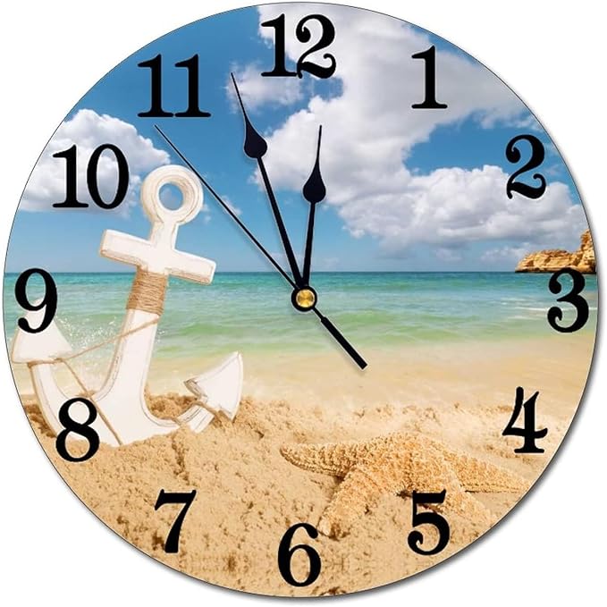 Sea Beach Starfish Nautical Anchor Wall Clock Battery Operated Silent Round Clock Wall Decor for Home Office School, 9.8 Inch
