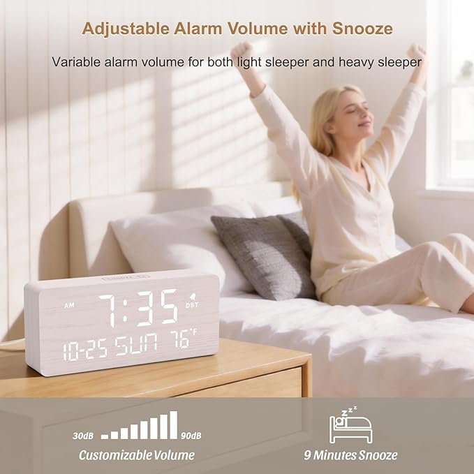 DreamSky Wooden Digital Alarm Clocks for Bedrooms - Living Room Desk Clock with Date and Day of Week, Temperature, USB Port, Dimmer Wheel, Adjustable Volume, Auto DST, Wood Decor for Office Table