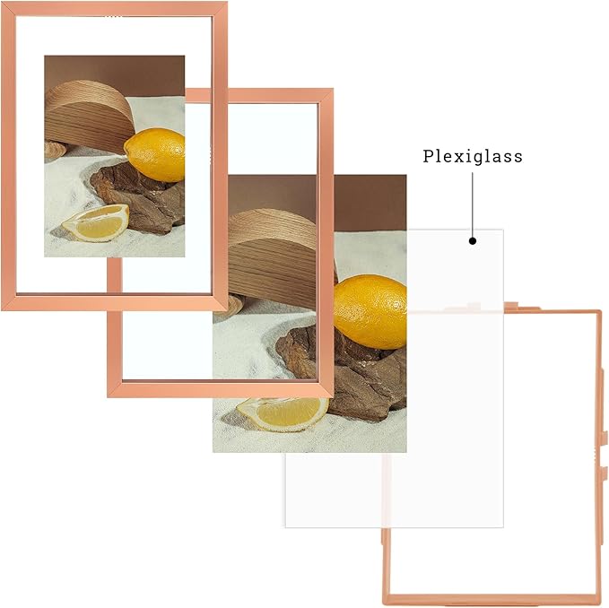 Frametory, Floating Picture Frames Set - Rose Gold Metal Photo Frames - Real Glass - Display One 11x14, Two 8x10, and Four 5x7 Inch Photos for Home Decoration