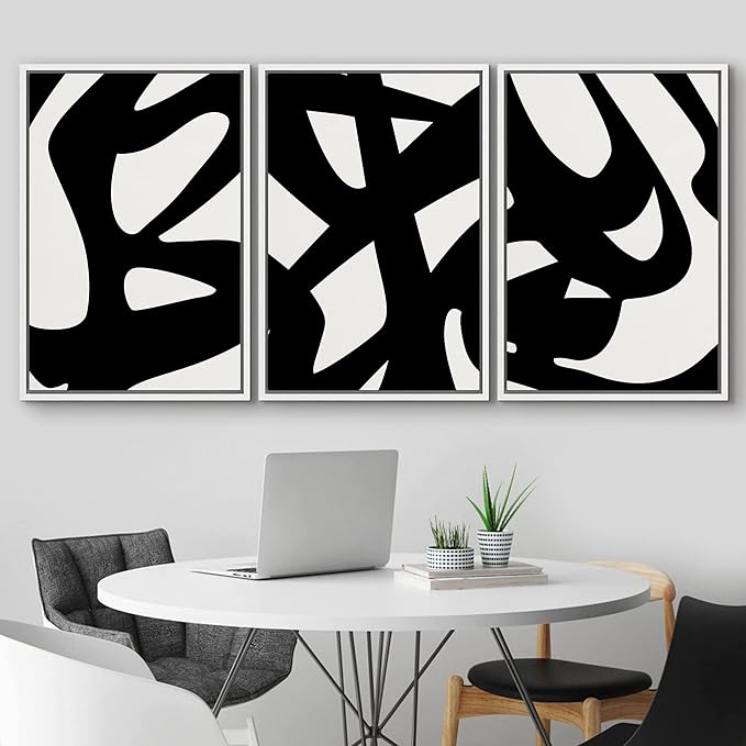 IDEA4WALL Framed Canvas Print Wall Art Set Black White Geometric Graffiti Landscape Abstract Shapes Illustrations Modern Art Decorative Contemporary for Living Room, Bedroom, Office - 24"x36"x3 White