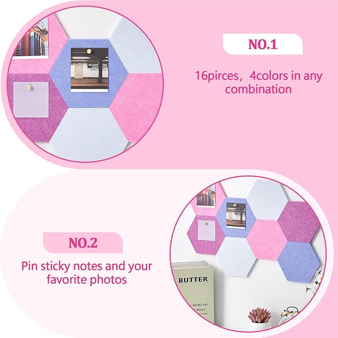 16 Pcs Hexagon Cork Board for Walls with 50 Wooden Push Pins 6.7 x 5.9 in Felt DIY Tiles Notice with Nano Tape Hanging Bulletin Board for Home Photo Office Memo Note (Pink)