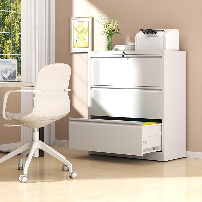 File Cabinet with Lock, 3 Drawer Lateral Filing Cabinet for Home Office, Metal Heavy Duty File Cabinets for Hanging Letter/Legal/F4/A4 Size Files, Assembly Required (White)