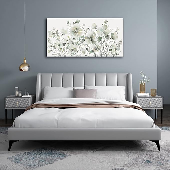 Elegant Flowers Wall Art Abstract Floral Pictures Wall Decor Modern Green Botanical Canvas Painting Flower Blossom Canvas Print Artwork for Living Room Bedroom Office Home Wall Decoration 30" x 60"