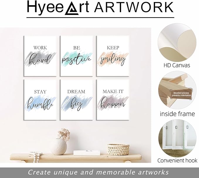 Framed Canvas Wall Art Set of 6 for Bedroom Living Room Wall Decor, Motivational Wall Decor Inspirational Office Wall Art Quotes for Living Room, 8x10 Inch
