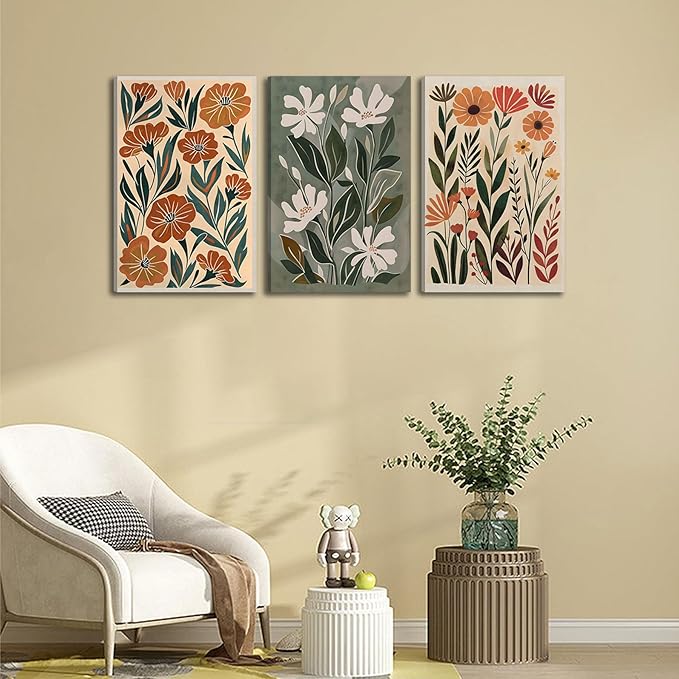 3pcs Abstract Boho Floral Canvas Wall Art Green Beige Flower Market Posters Prints Minimalist Colorful Botanical Wall Decor Pictures For Living Room Bedroom Office Home Decoration