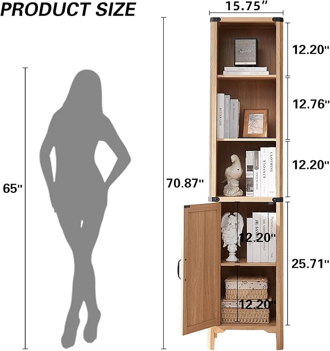 71" Tall Bookshelf, 5 Tier Bookcase with Adjustable Shelves and Barn Doors,Natural Wood Farmhouse Bookshelf with Storage Cabinet,Wood Freestanding Display Bookshelves for Bedroom,Living Room