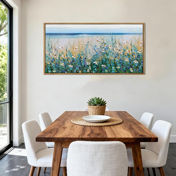 BINCUE Large Blue Seaside Floral Framed Wall Art,Nature Blue Flower Canvas Wall Decor,Wildflower Artwork Blossom Botanical,Flower Sea Landscape Daisy Paingting for Living Room Bedroom Home 20''x40''