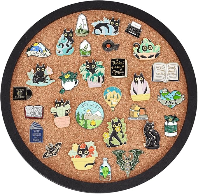 BENECREAT Flat Round Pin Board Cork Board, 7.87inch Bulletin Board Wall Mounted Display Board with Black Frame for Brooch Pin Storage Display, Office Home School Decor