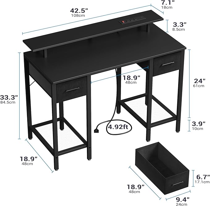 Black Computer Desk with Drawers, 42 Inch Home Office Desk Study Writing Table, Gaming Desk with USB Power Outlets, Office Desk with Fabric Drawer, Work Table with Shelf for Bedroom, Black