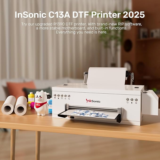InkSonic R1390 A3 DTF Printer 2025, 13" Transfer Machine for Apparel Printing with Roll/Sheet Feed, One-Click Ink Setup,C13A,Versatile Multi-Fabric PrintingWhite Ink Circulation & Auto Cleaning