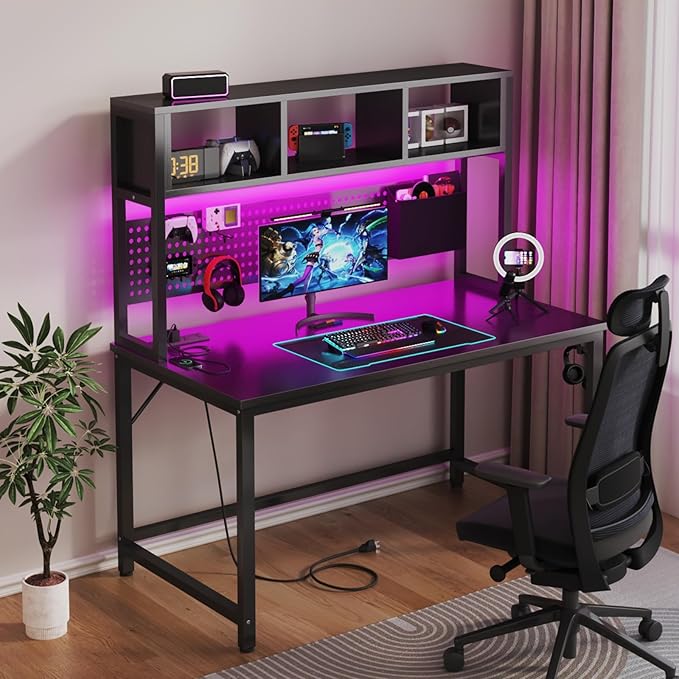 DLisiting Black Gaming Desk with Hutch and Pegboard - 47 Inch Gaming Desk with Shelves Storage Power Outlets, Computer Teen Work Study Writing Desks for Bedroom Home Office