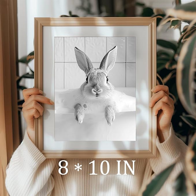 uniro Bunny Black and White Photography, Funny Rabbit Bath Teeth, Bathroom Wall Art Whimsical Farmhouse Decor Cute Bunny Animal Canvas Print Painting, Modern Bathroom Signs Wall Art Poster for Bathroom Decor( 8" x 10"-UNFRAMED)