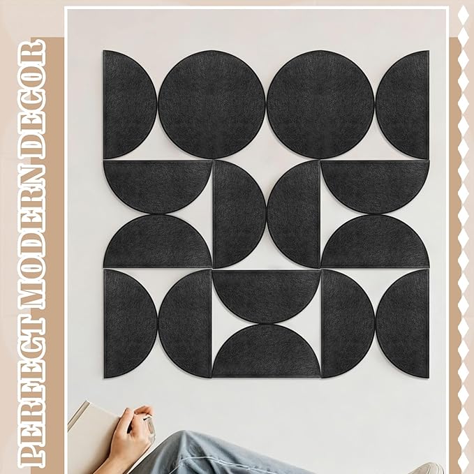 24 Pack Decorative Bulletin Board Felt Wall Tiles Bulk 11.8"x5.9" Semi-Circle Large Wall Art with Removable Adhesive Tabs for Customizable DIY Home Office Decoration Gift (Black)