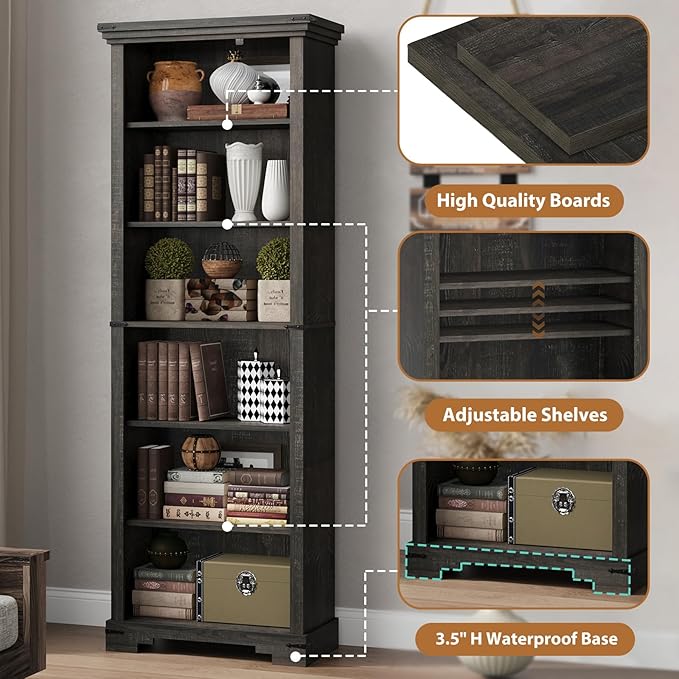 6-Tier Farmhouse Bookshelf, 73 inch Tall Book Shelf with Unique Design & 2 Adjustable Shelves, Wooden Bookshelf for Study Room, Living Room, Kitchen, Bedroom (Black)