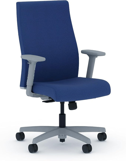 HON Ignition 2.0 Fabric Office Chair, Upholstered, Adjustable Arms, Standard Synchro-Tilt Recline Executive Ergonomic Office Chair, Titanium Frame, Indigo