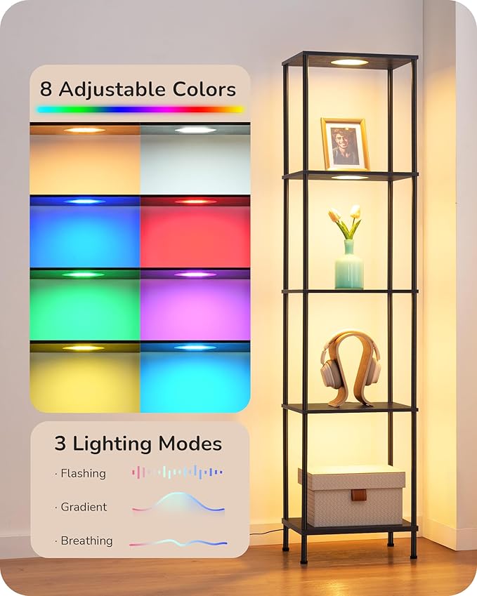 EDISHINE RGBW Modern Floor Lamp, 5-Tier Display Shelf with Light, Adjustable Brightness & Color Temperature, 3 Lighting Modes, Remote Control, Stable Floor Lamps for Living Room, Bedroom, Study, Black