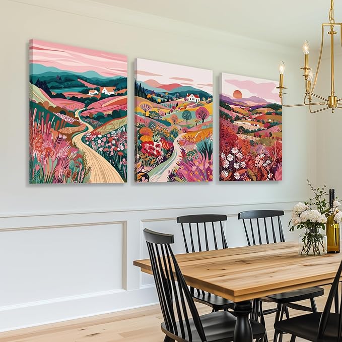 Hianan Framed Colorful Boho Landscape Wall Art, Nature Watercolor Floral Wall Decor, Bright Mountain Water Canvas Painting, Modern Sunsets Landscape Poster Prints For Living Room Bedroom 12"x16"x3