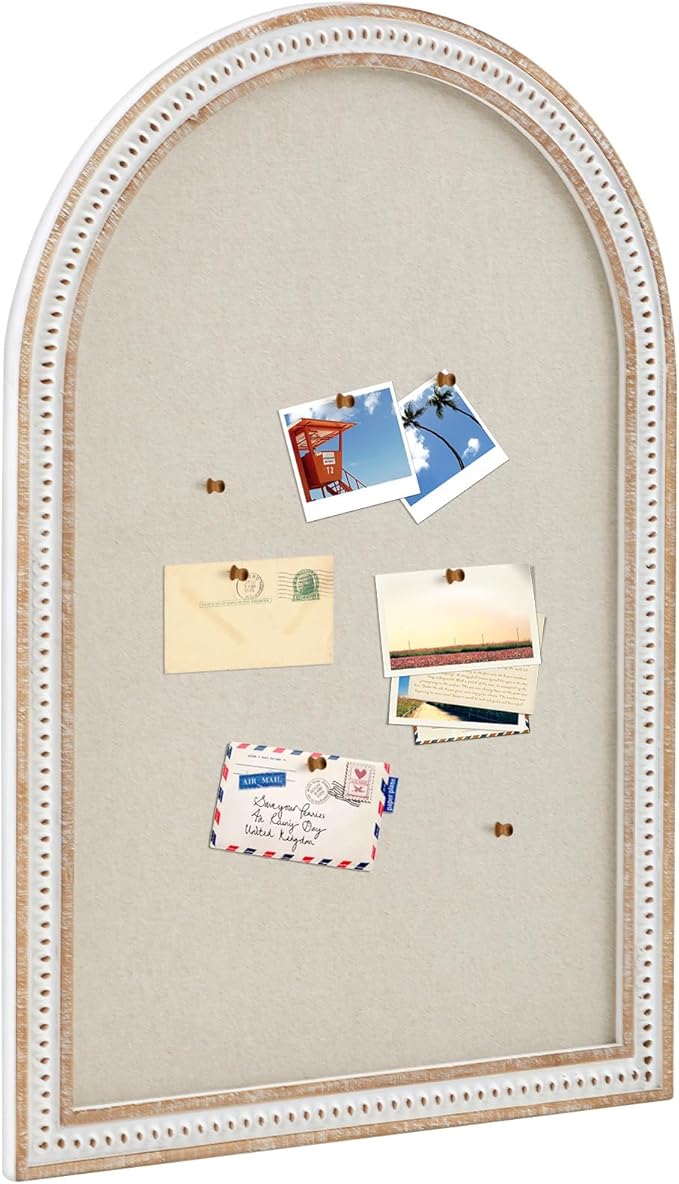 Vintage Framed Pin Board Linen Display Bulletin Board Large Cork Fabric Picture Photo Pinboard Memo Ornate Decorative Pinboard Ornate for Wall Gift(Arch,24" X 36",Boho White)