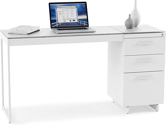 BDI Furniture Centro 6414 Locking 3-Drawer File Cabinet for Home or Office with Letter or Legal-Sized File Drawer and 2 Supply Drawers, Satin-Etched Tempered Glass Top, Satin White