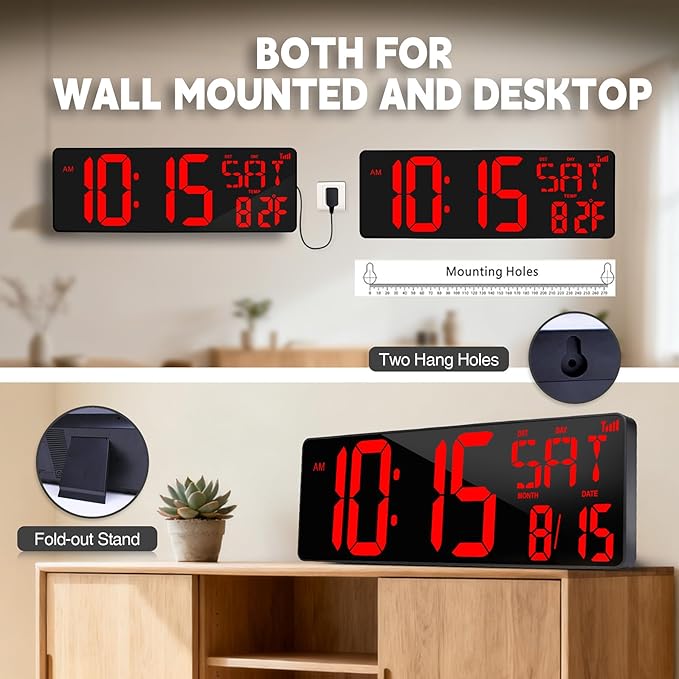 Digital Wall Clock Large Display: 16.5" LED Digital Clock Bluetooth Sync with Remote Control Temperature Date Week Auto DST, Big Wall Clock for Bedreeom Kitchen Living Room Office Gym, Red