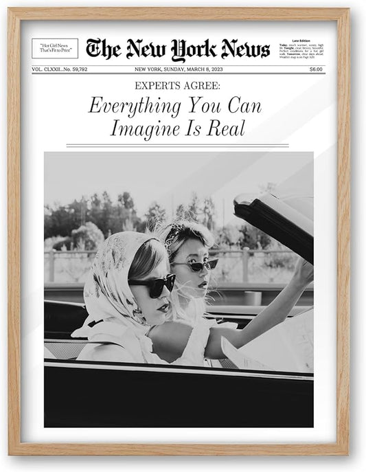 iHery Everything You Can Imagine Is Real Framed Trendy NewsPaper Wall Art, Natural OAK Wood Large 16x20in Canvas Wall Art Decor For Bedroom, Vintage Hot Girls Prints Living Room Home Décor 1Pack