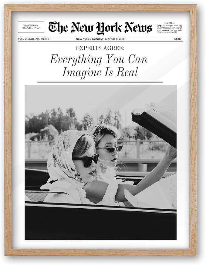 iHery Everything You Can Imagine Is Real Framed Trendy NewsPaper Wall Art, Natural OAK Wood 12x16in Canvas Wall Art Decor For Bedroom, Vintage Hot Girls Prints Living Room Home Décor 1Pack