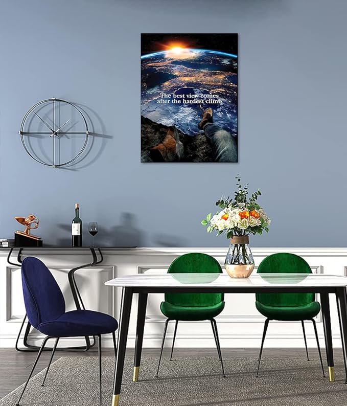 Creative Motivational Earth and Sunrise Wall Art Positive Quotes The Best View Comes After The Hardest Climb Artwork HD Print Modern Home Farmed Office Wall Decoration Painting Easy to Hang-18"Wx24"H