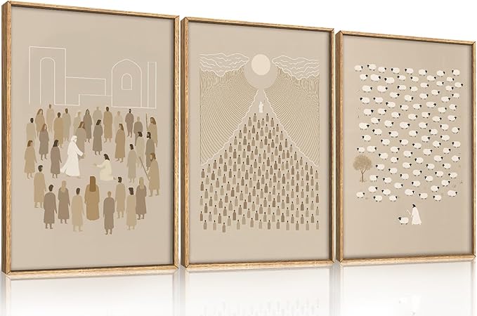 Large Jesus Christian Framed Canvas Wall Art,Boho Lost Sheep Wall Decor,Abstract Sketch Bible Verses Art Prints,Religious Scripture Beige Artwork for Living Room,Dining Room-16"x24"x3