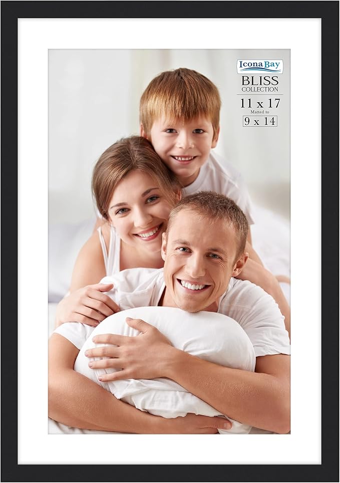 Icona Bay - 11x17 Black Picture Frame Fits 10x16 Photos with Mat to 9x14 Image - Modern Style Engineered Wood Poster Frame - Wall Mount Only - Bliss Collection
