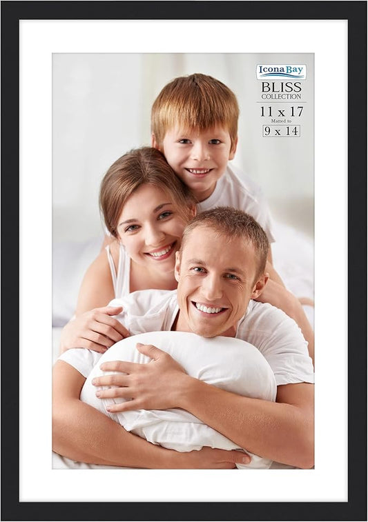 Icona Bay - 11x17 Black Picture Frame Fits 10x16 Photos with Mat to 9x14 Image - Modern Style Engineered Wood Poster Frame - Wall Mount Only - Bliss Collection