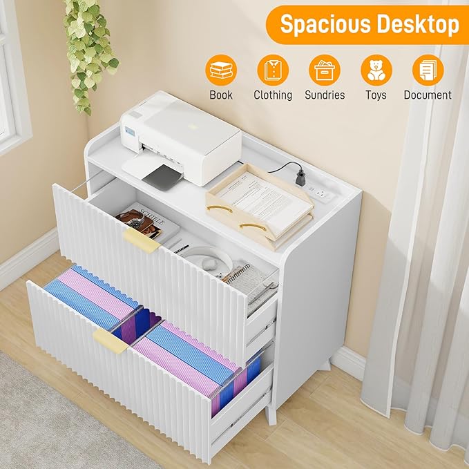 Lateral File Cabinet with Charging Station, Modern Fluted 2 Drawer File Cabinet for Letter/Legal/A4 Size Hanging Files, Large Wood File Storage Cabinets Printer Stand for Home Office, White