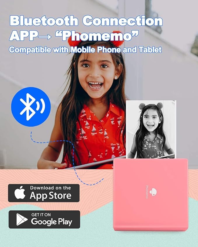 Phomemo Mini Pocket Printer- M02 Portable Thermal Tiny Photo Printer with 6 Rolls Paper, for Home, School, Office, Compatible with iOS and Android, Pink