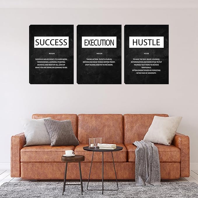Unbruvo Motivational Canvas Wall Art - 3 Panel Inspirational Quotes Wall Decor, Hustle Success Office Decor, Positive Saying Poster for Living Room, Bedroom, Classroom(36x16 inch)