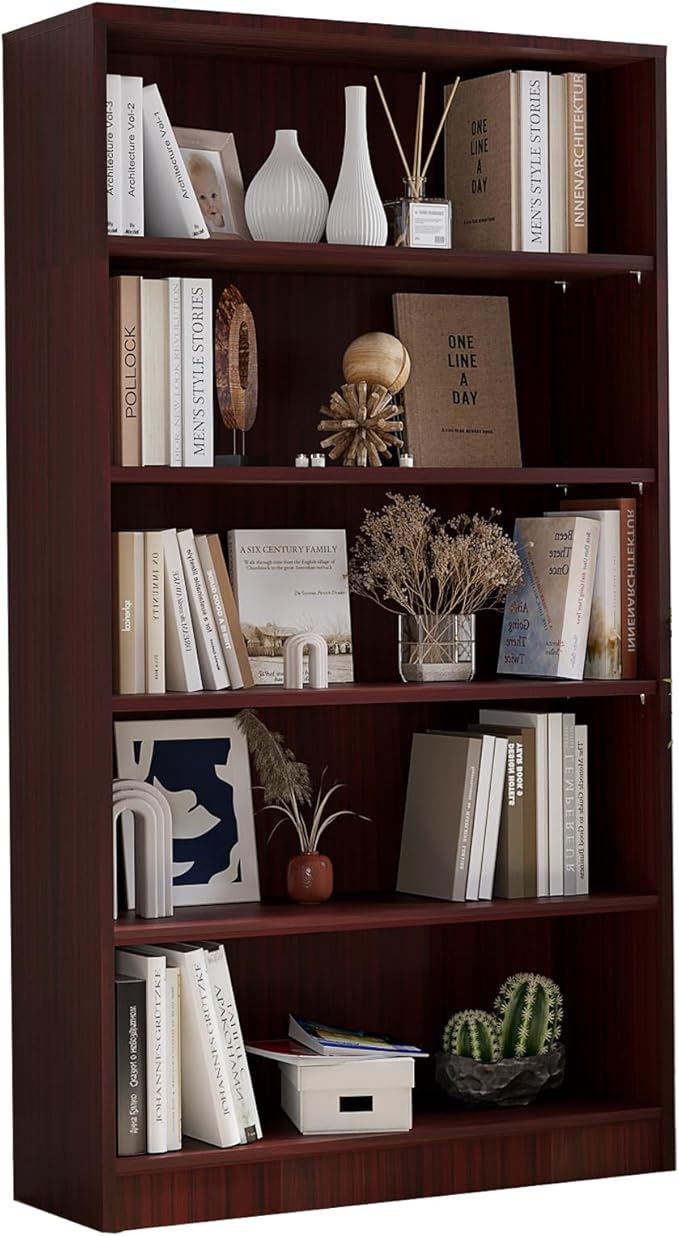 Bookcase Adjustable Storage Shelves,5-Tier Modern Wood Bookcase for Bedroom,60-Inch Bookshelf, Office, Living Room & Library(Mahogany)