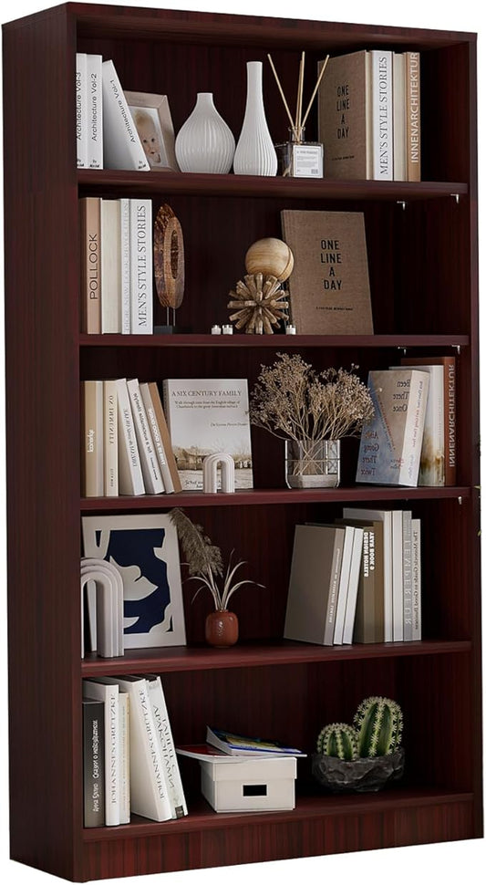 Bookcase Adjustable Storage Shelves,5-Tier Modern Wood Bookcase for Bedroom,60-Inch Bookshelf, Office, Living Room & Library(Mahogany)