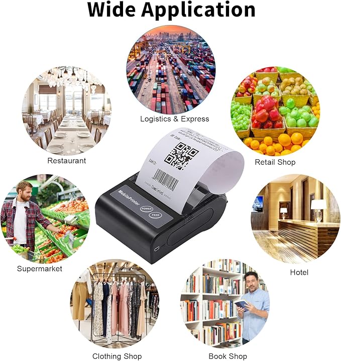 Portable BT 80mm Thermal Receipt Printer Mini Bill POS Mobile Printer with Reable Battery Port ESC/POS Compatible with Android iOS Windows for Restaurant ermarket Kitchen Office