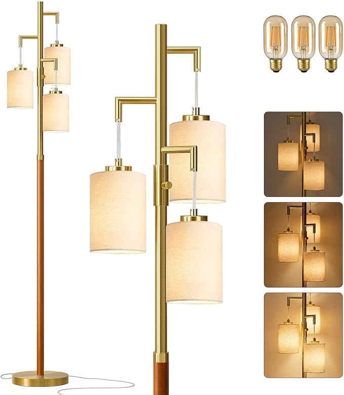 70" Wood Floor Lamp Dimmable Floor Lamps for Living Room Bedroom Mid Century Modern Floor Lamp Gold Standing Lamp Tall Lamps for Office Nursery Reading Elegant Stand Up Lamp, 3 Bulbs Included