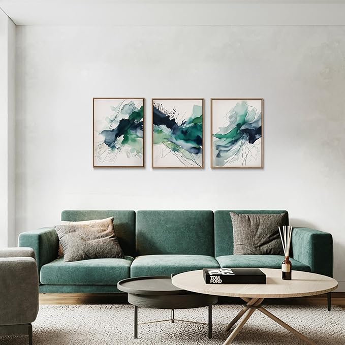 myusuar 3 Piece Large Abstract Framed Wall Art For Living Room, Smoke Texture Ink Emerald Green Canvas Wall Art Modern Minimalist Art Prints Wall Décor For Bedroom Office 12x16in