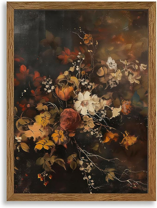 AVECCO Framed Dark Academia Vintage Flowers Canvas Wall Art, Nature Botanical Painting Wall Decor, Farmhouse Floral Plant Art Prints for Bathroom Bedroom Living Room Office Home Ready to Hang 12x16 In
