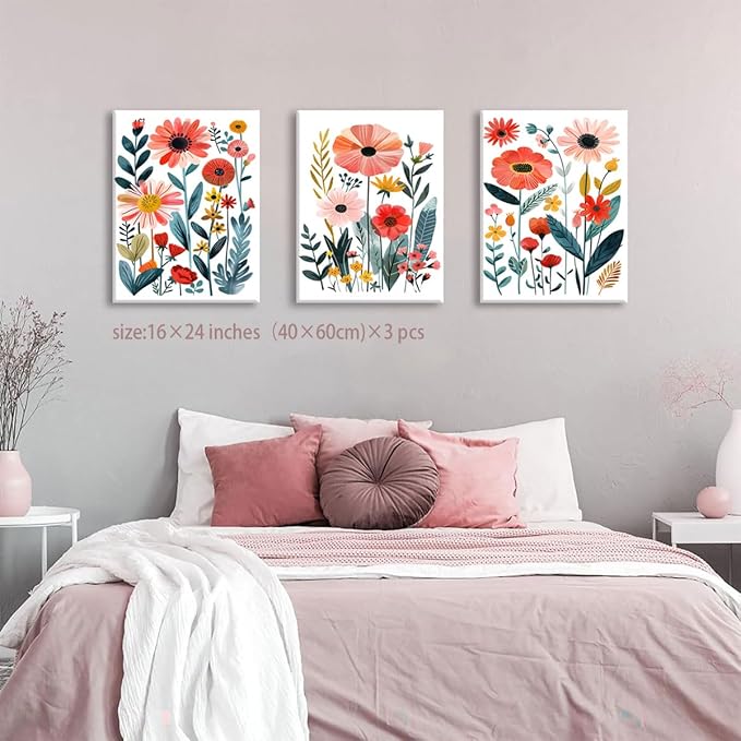KISSFOX Framed Colorful Wildflower Canvas Wall Art Set Of 3 Flowers Pictures Prints Flowers Printing Floral Watercolors Flower wall Decor Living Room Girls Bedroom Bathroom