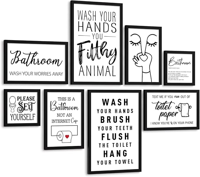Faccito 8 Set Bathroom Wall Decor Funny Quotes Bathroom Wall Art Interesting Bad Smell Humorous Toilet Wooden Decoration Black and White Funny Art Signs for Washroom
