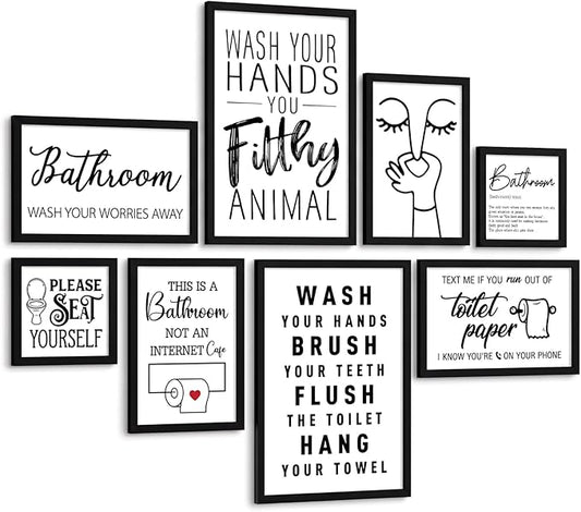 Faccito 8 Set Bathroom Wall Decor Funny Quotes Bathroom Wall Art Interesting Bad Smell Humorous Toilet Wooden Decoration Black and White Funny Art Signs for Washroom
