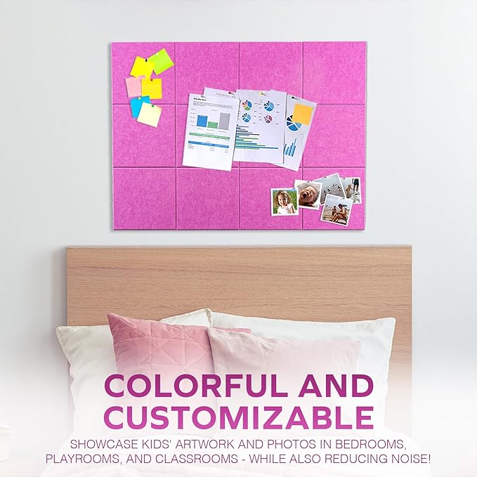 Bulletin Board 40x30in, 12 Count 9.8 x 9.8in Felt Wall Tiles with Removable Adhesive Tape, Cork Board Alternative for Walls, Wall Decor, Kids Art Display, Kids Room (Magenta Collection)