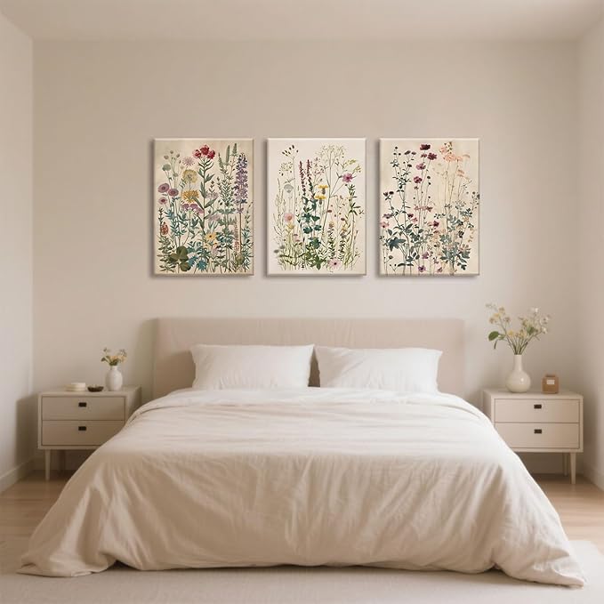 TUEASKY 3 Piece Canvas Wall Art Wildflower Wall Decor Botanical Pictures Floral Paintings Vintage Prints Watercolor Artwork for Bedroom Living Room
