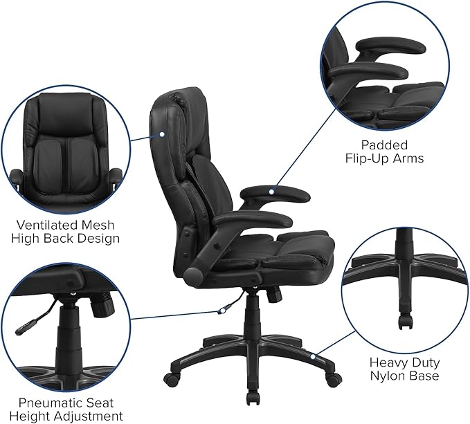 Flash Furniture Hansel Extreme Comfort High Back Black LeatherSoft Executive Swivel Ergonomic Office Chair with Flip-Up Arms