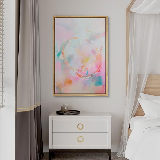 SIGNFORD Framed Canvas Print Wall Art Watercolor Blush Pink Teal Paint Abstract Geometric Illustration Minimalism Decorative Colorful Mid-Century for Living Room, Bedroom, Office - 16"x24" Natural